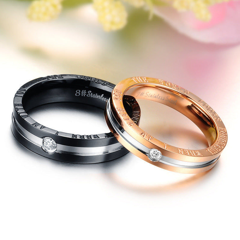 Rockyu ペアリング ステンレス製 一粒ジルコニア付き ブラック＆ピンクゴールドリング