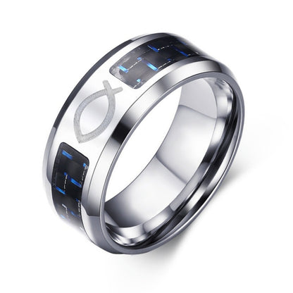 Rockyu メンズリング ステンレス製 炭素繊維チェック＆刻印デザイン シルバー×ブラック