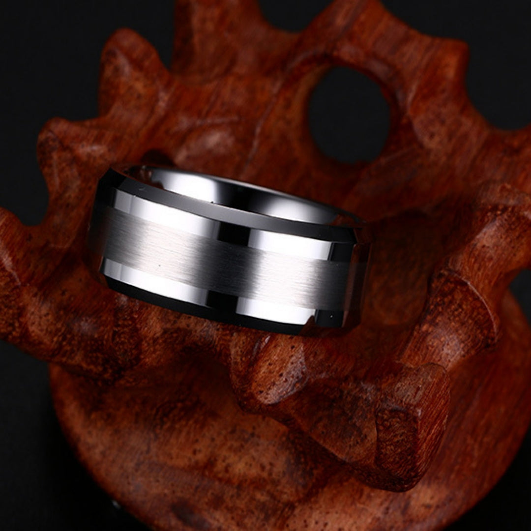 Rockyu メンズ タングステンリング 8mm 平打ち・艶消しデザイン シルバー＆ブラック