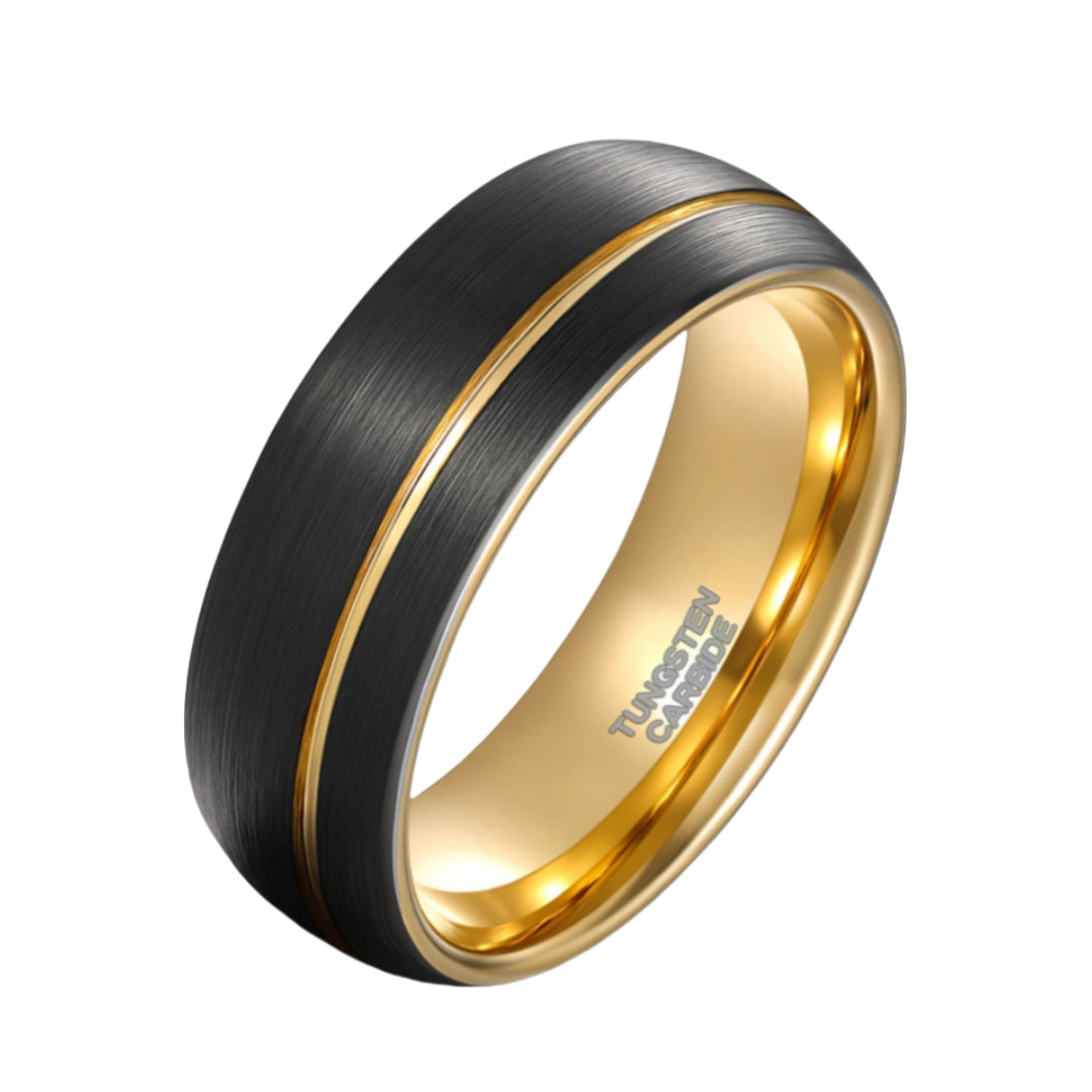 Rockyu タングステンリング メンズ 8mm 黒×ゴールド 艶消し 金属アレルギー対応 指輪