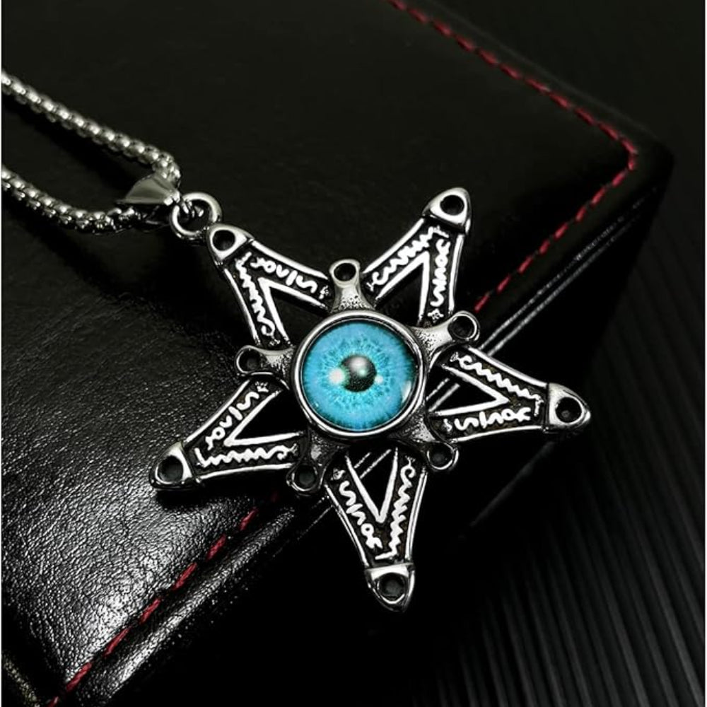 Rockyu メンズネックレス 悪魔の目と星モチーフのステンレスペンダント