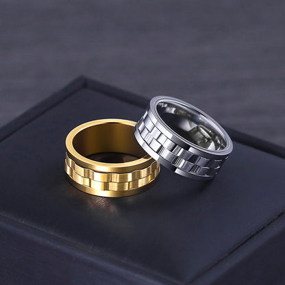 Rockyu ステンレススチールスピンリング 9mm幅 メンズ チタン風ギアデザイン
