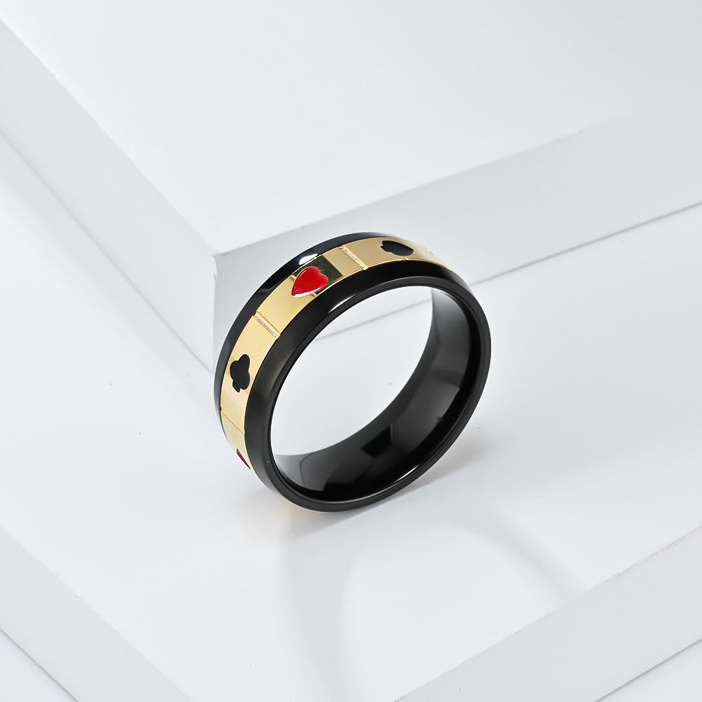 Rockyu トランプスピンリング メンズ ステンレス製 ブラック＆ゴールド