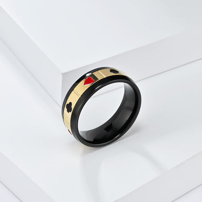 Rockyu トランプスピンリング メンズ ステンレス製 ブラック＆ゴールド