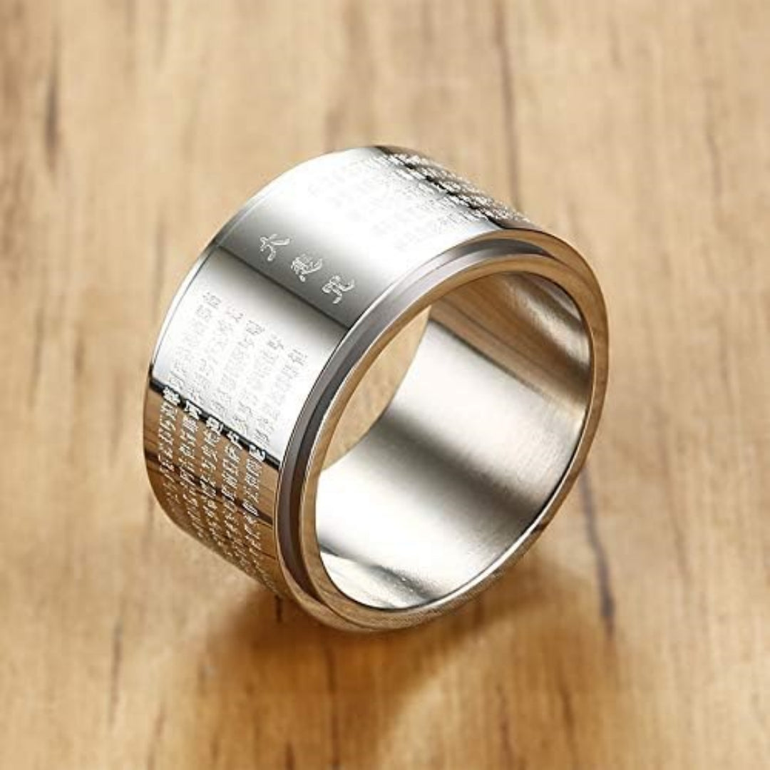 Rockyu メンズリング ステンレス製 大悲呪 回転式 12mm幅 スピナーリング