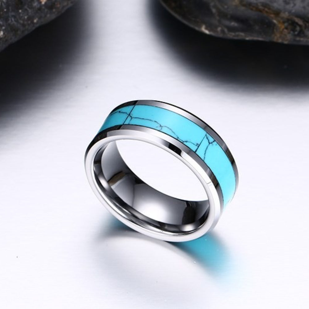 Rockyu タングステン 8mm ターコイズインレイリング メンズ レディース 幅広 ユニセックス