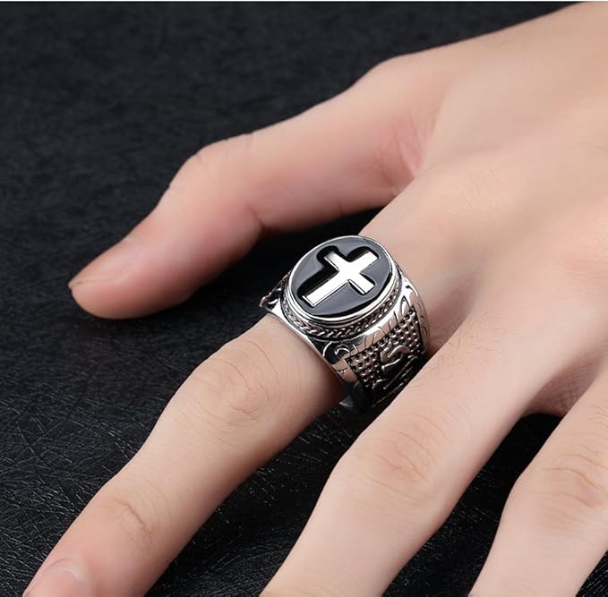 Rockyu クラウン＆クロス ステンレスリング メンズ重厚デザイン指輪 十字架モチーフ