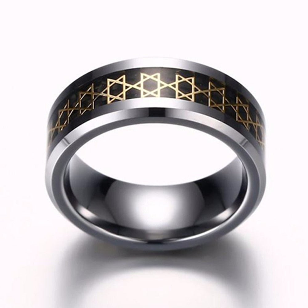Rockyu タングステンリング メンズ 8mm 幅広 カーボンファイバー×ゴールド 六芒星デザイン