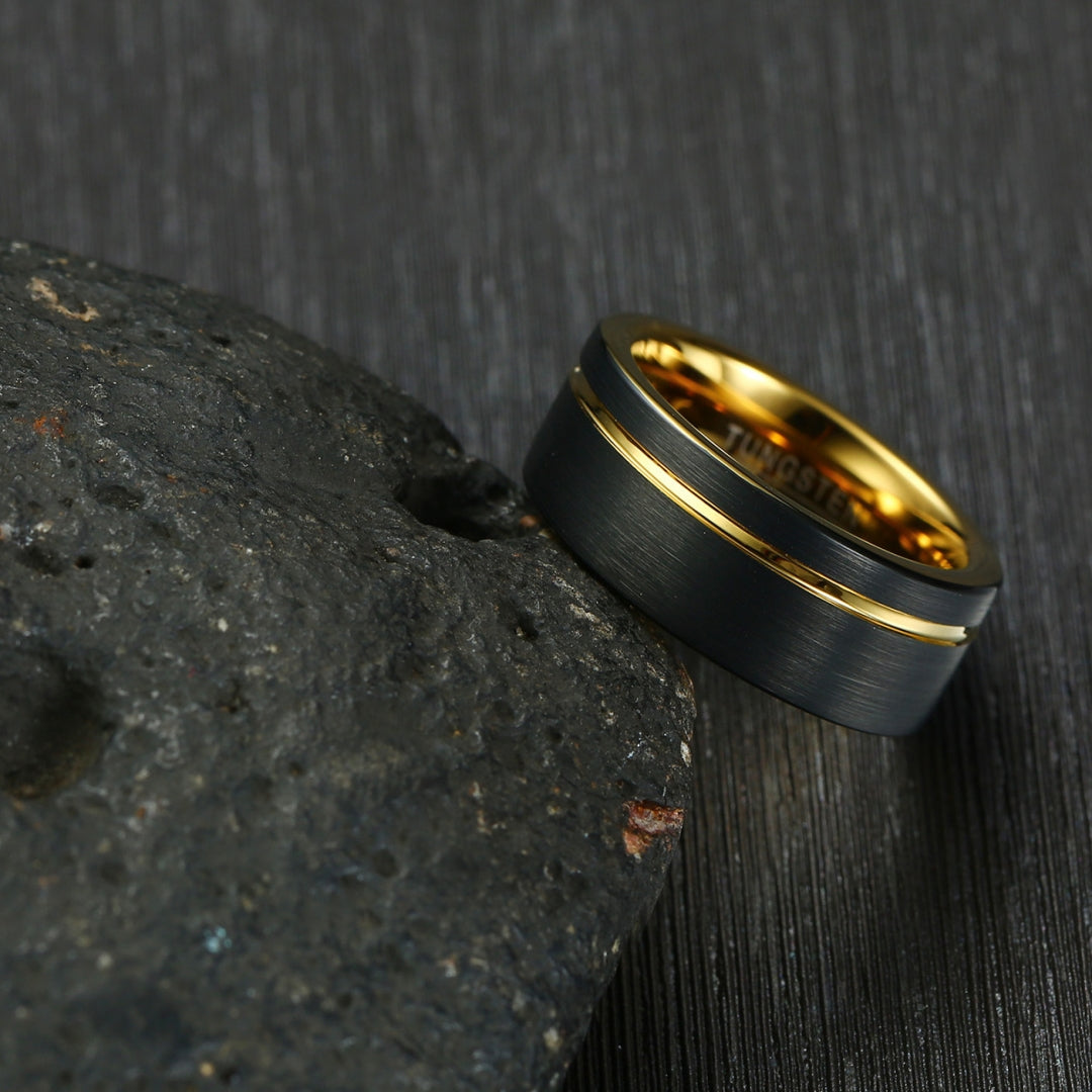 Rockyu タングステンリング メンズ 8mm ブラック×ゴールド 真空メッキ仕様