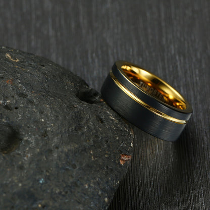 Rockyu タングステンリング メンズ 8mm ブラック×ゴールド 真空メッキ仕様