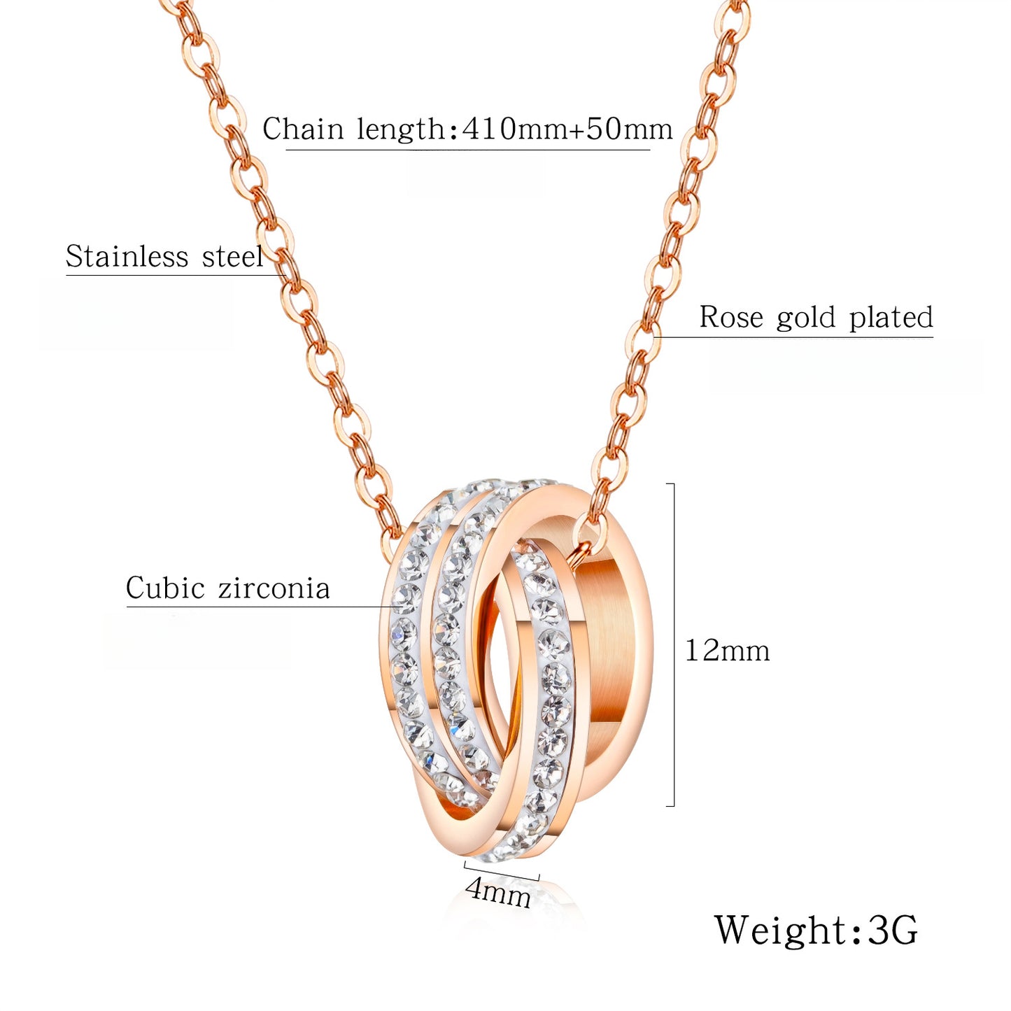 Rockyu ネックレス レディース ピンクゴールド 2連リングペンダント CZ輝石付き