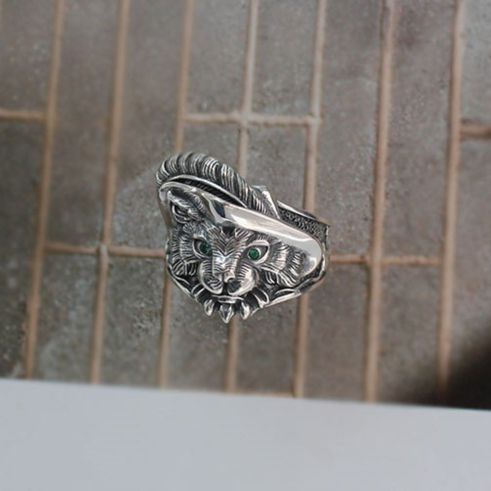 Rockyu シルバー 猫リング グリーンアイ 男女兼用 レトロ ごつめ フリーサイズ