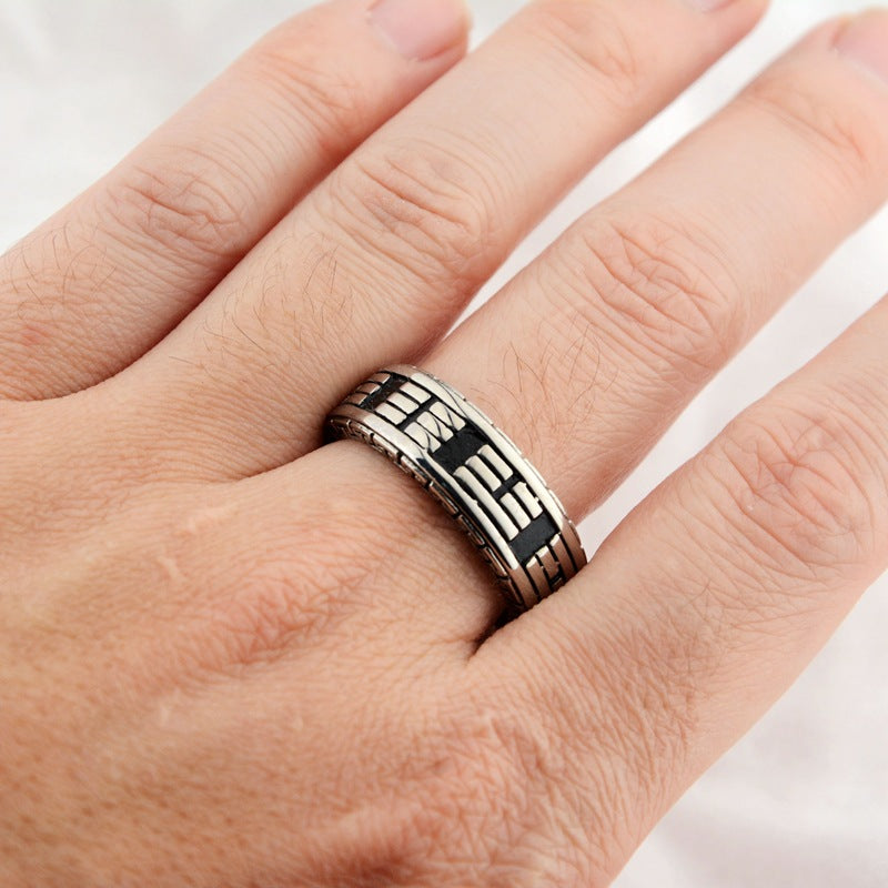 Rockyu メンズ ステンレスリング 六字真言デザイン 透かし彫り 8mm幅
