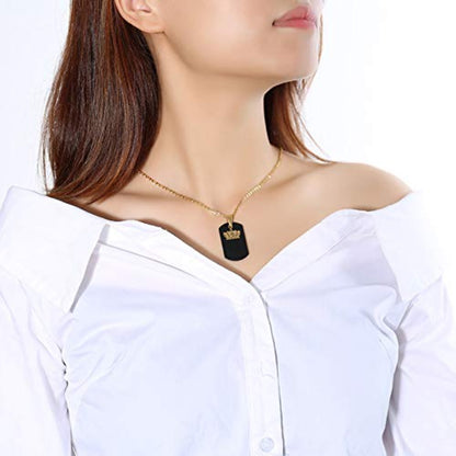 Rockyu ペアネックレス ステンレス ブラック×ゴールド クラウンプレート 男女兼用