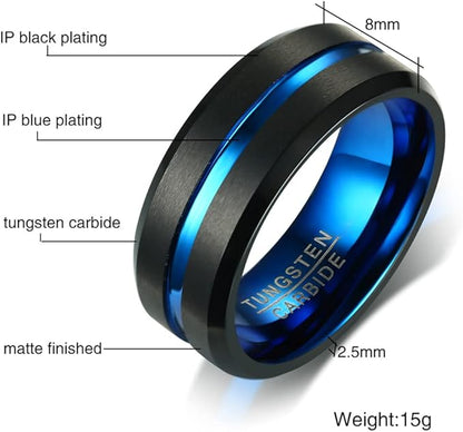Rockyu タングステンリング メンズ ブラック×ブルー 8mm幅 マット仕上げ