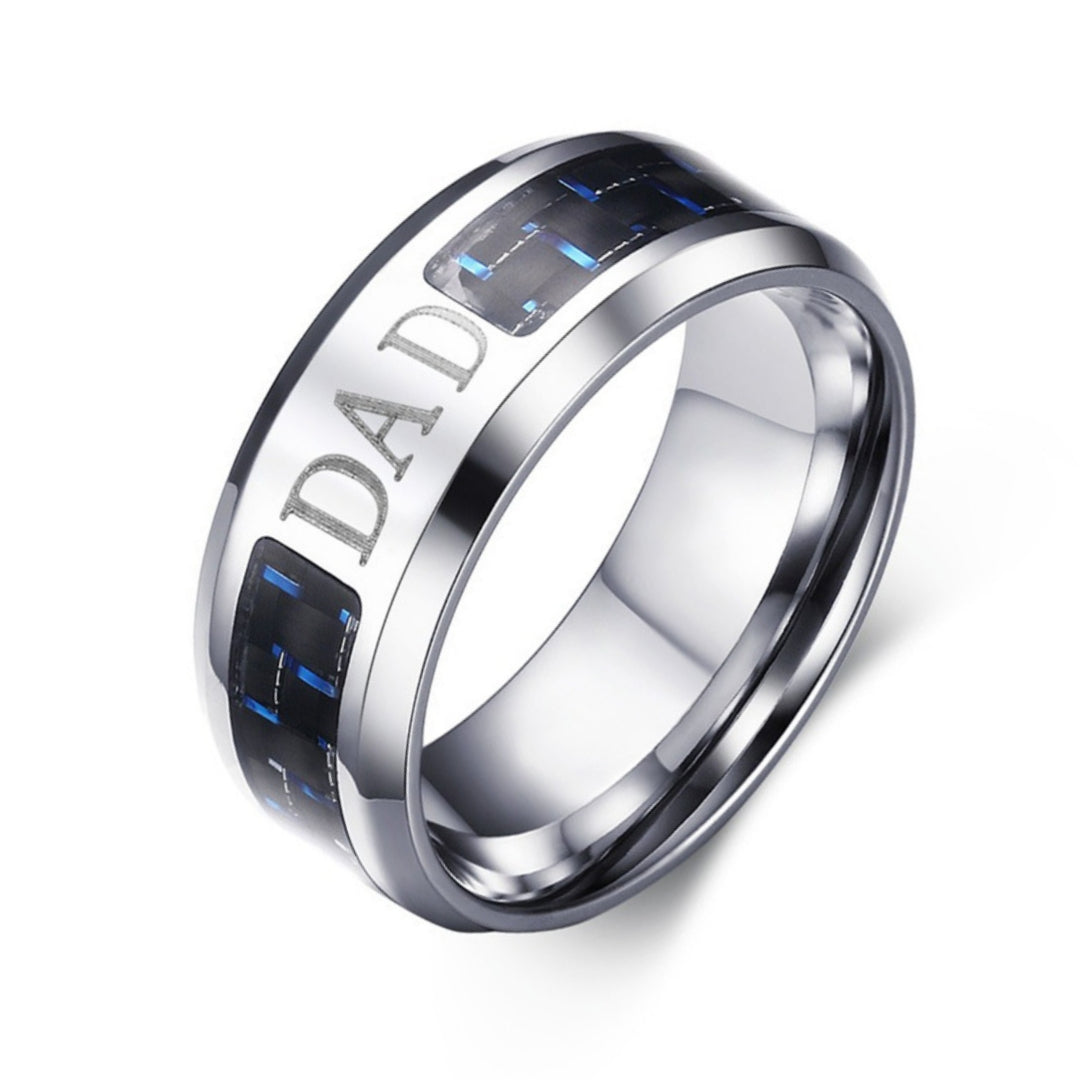 Rockyu メンズリング ステンレス製 炭素繊維チェック＆刻印デザイン シルバー×ブラック