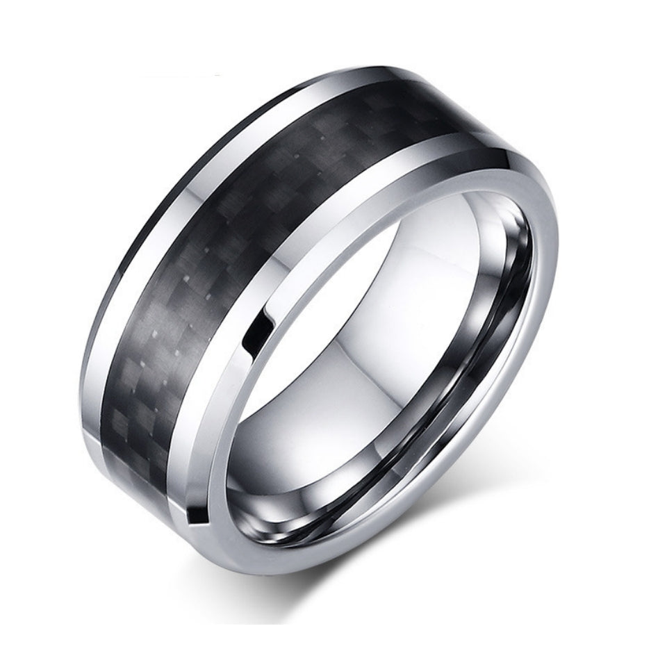 Rockyu タングステンカーバイド メンズリング 8mm幅 カーボンファイバー シンプル 指輪（ブラック／シルバー／ブルー）