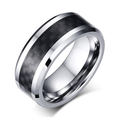 Rockyu タングステンカーバイド メンズリング 8mm幅 カーボンファイバー シンプル 指輪（ブラック／シルバー／ブルー）