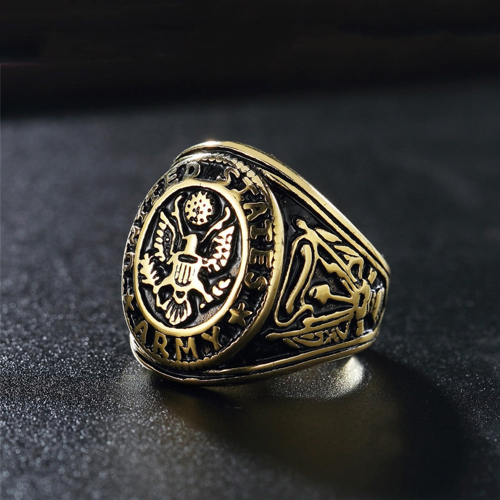 Rockyu メンズ チタン風ステンレスリング イーグル記章デザイン 重厚ゴールドリング