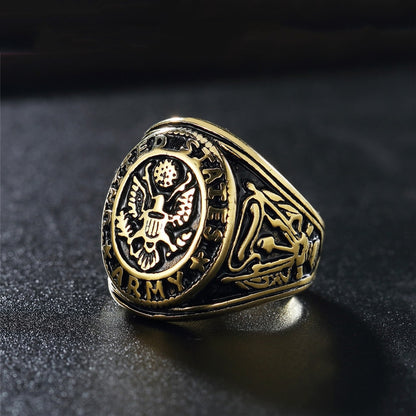 Rockyu メンズ チタン風ステンレスリング イーグル記章デザイン 重厚ゴールドリング