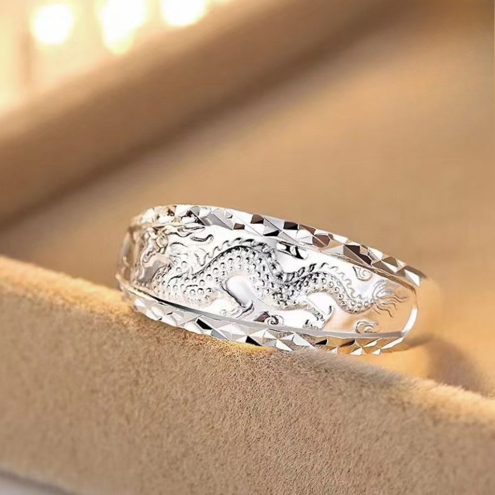 Rockyu シルバー999 指輪 メンズ 龍鳳彫刻 フリーサイズ リング