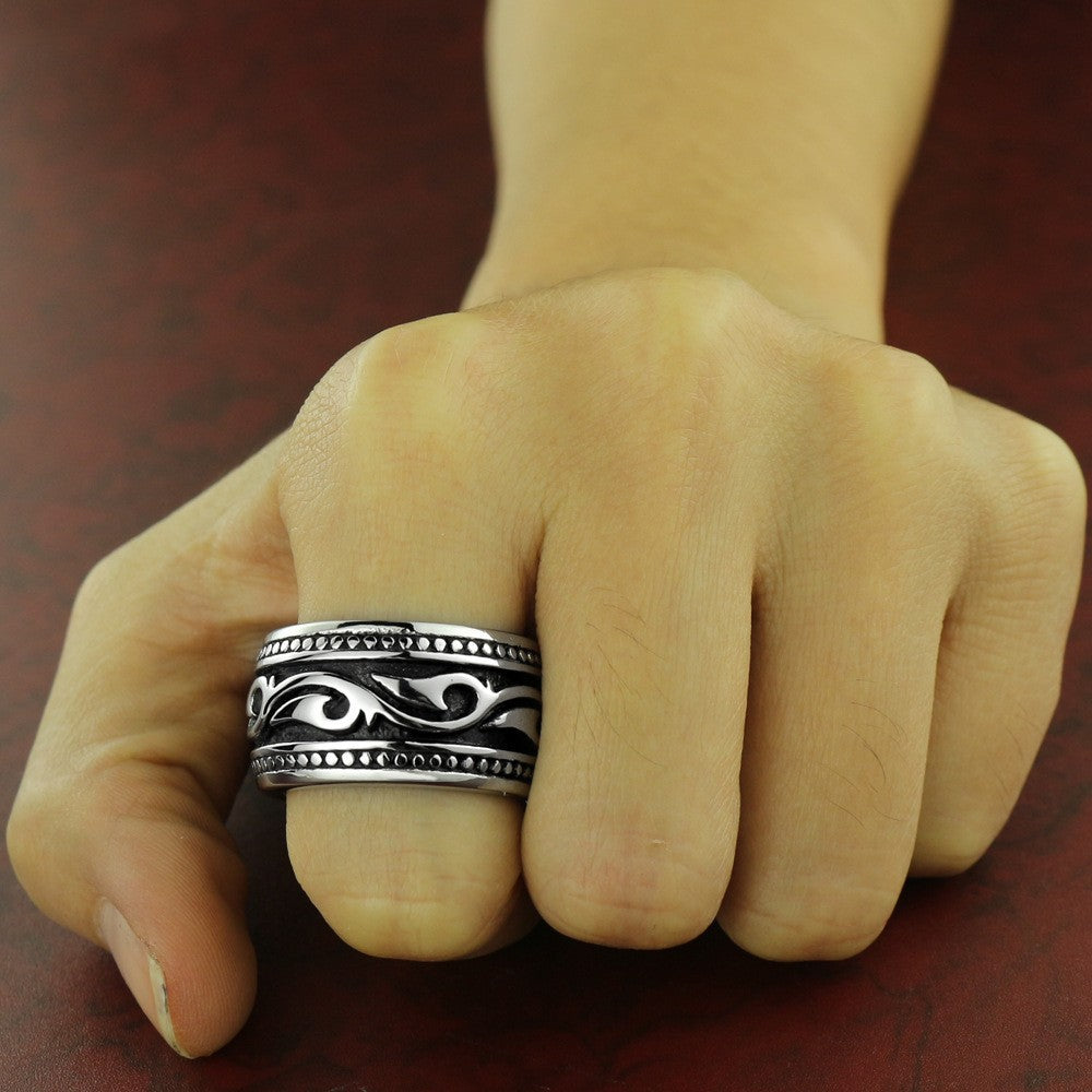 Rockyu ステンレスリング メンズ 13mm アンティーク風 彫刻デザイン おしゃれ指輪