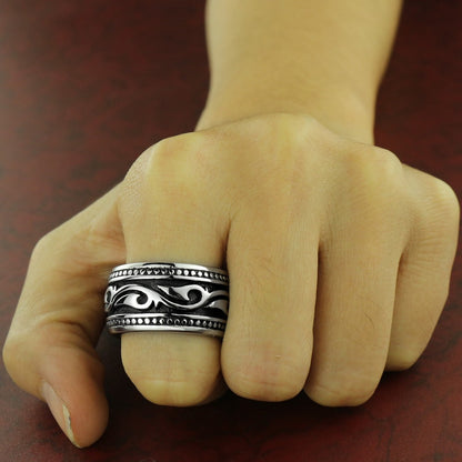 Rockyu ステンレスリング メンズ 13mm アンティーク風 彫刻デザイン おしゃれ指輪