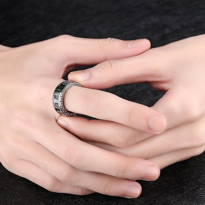 Rockyu メンズ ステンレスリング 六字真言デザイン 透かし彫り 8mm幅
