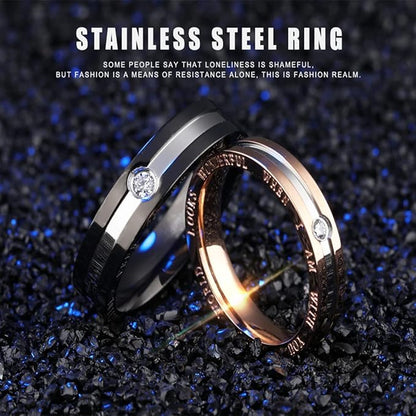 Rockyu ペアリング ステンレス製 一粒ジルコニア付き ブラック＆ピンクゴールドリング