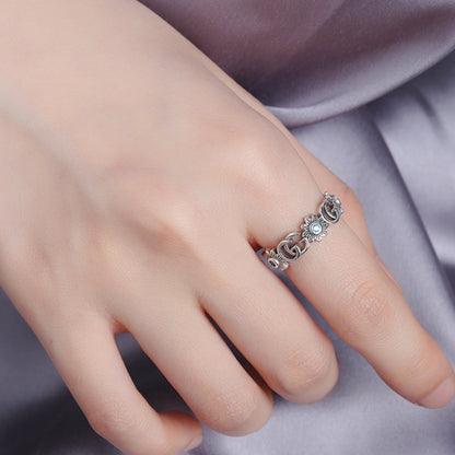 Rockyu 指輪 レディース フリーサイズ シルバー925 アルファベット＆花モチーフ サファイア風ストーン オープンリング