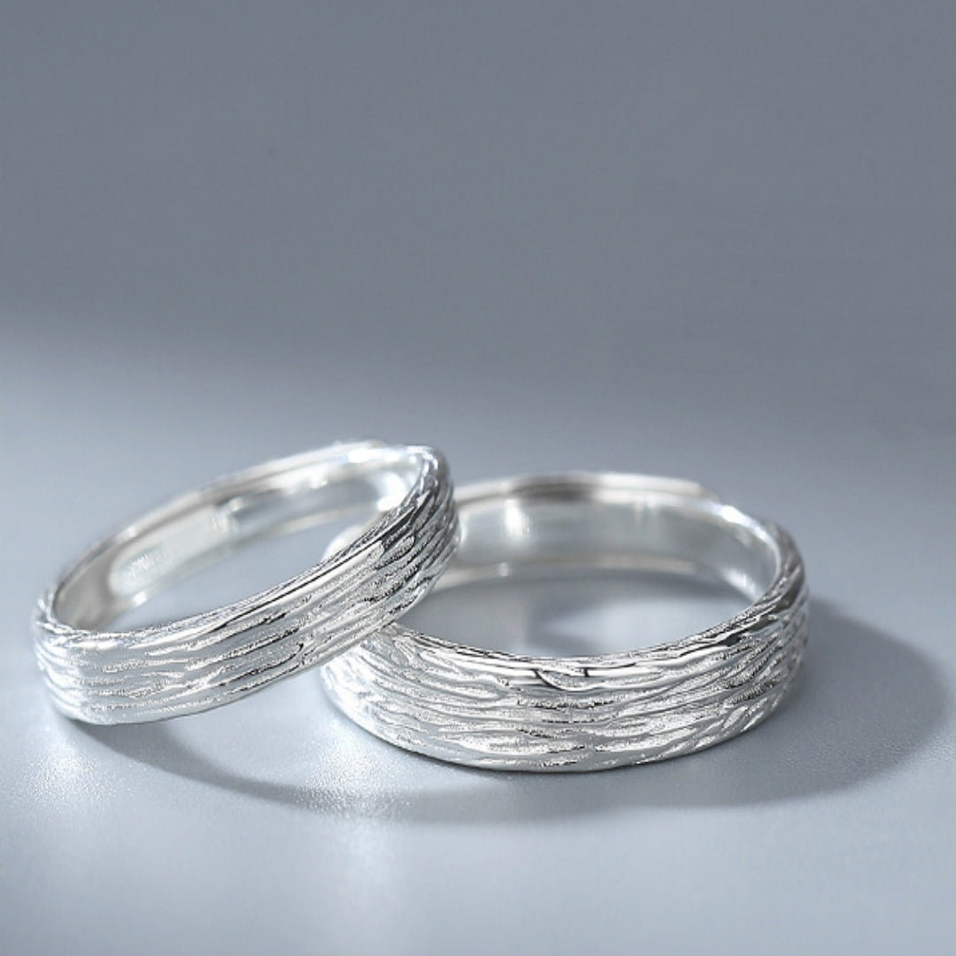 Rockyu ペアリングセット シルバー925 木目調デザイン カップル用フリーサイズ