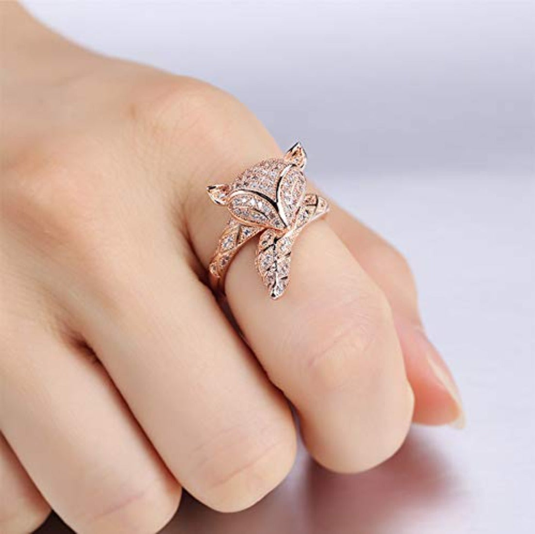 Rockyu 指輪 レディース 小狐デザイン 開口リング キュービックジルコニア付き 玫瑰金・シルバー仕上げ