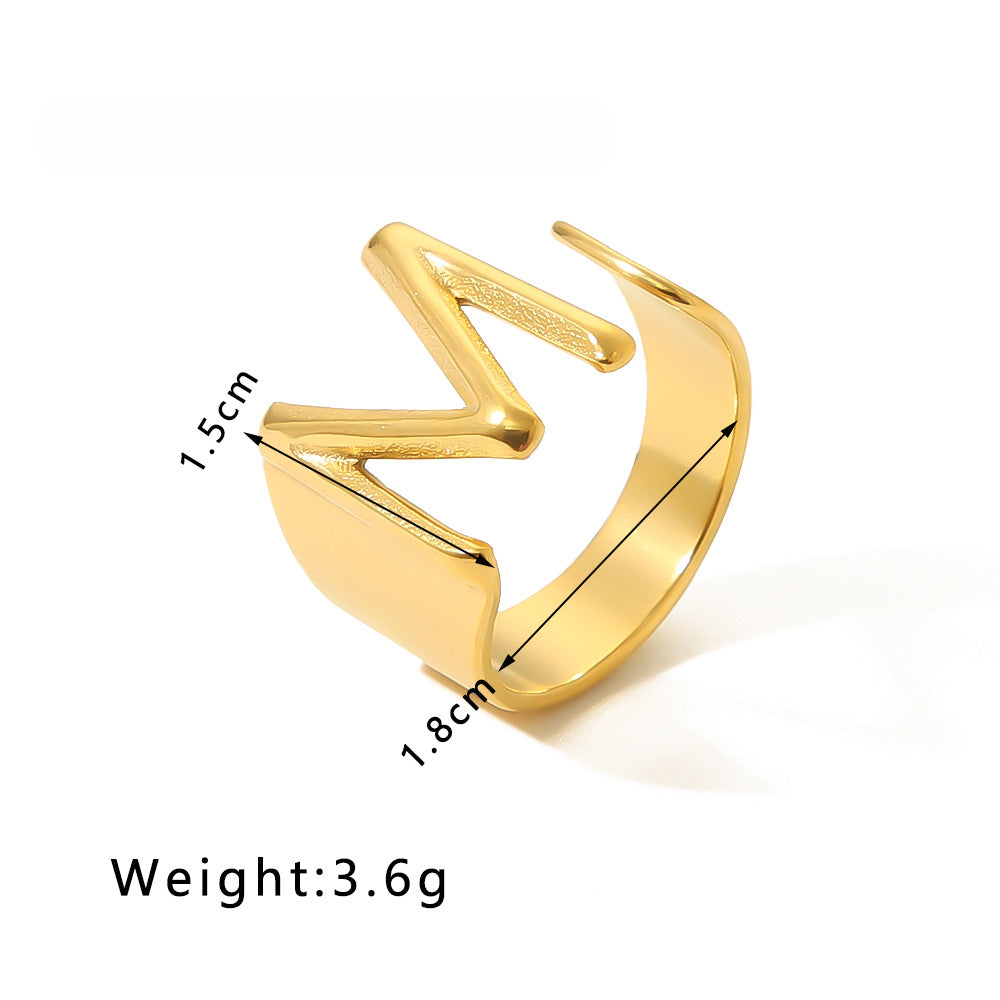 Rockyu イニシャルリング A〜Z選べる 太めゴールド フリーサイズステンレス指輪