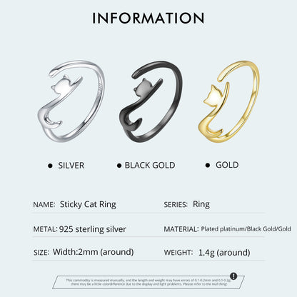 Rockyu 猫リング レディース シルバー925 フリーサイズ シンプル 可愛い ネコモチーフ 金属アレルギー対応