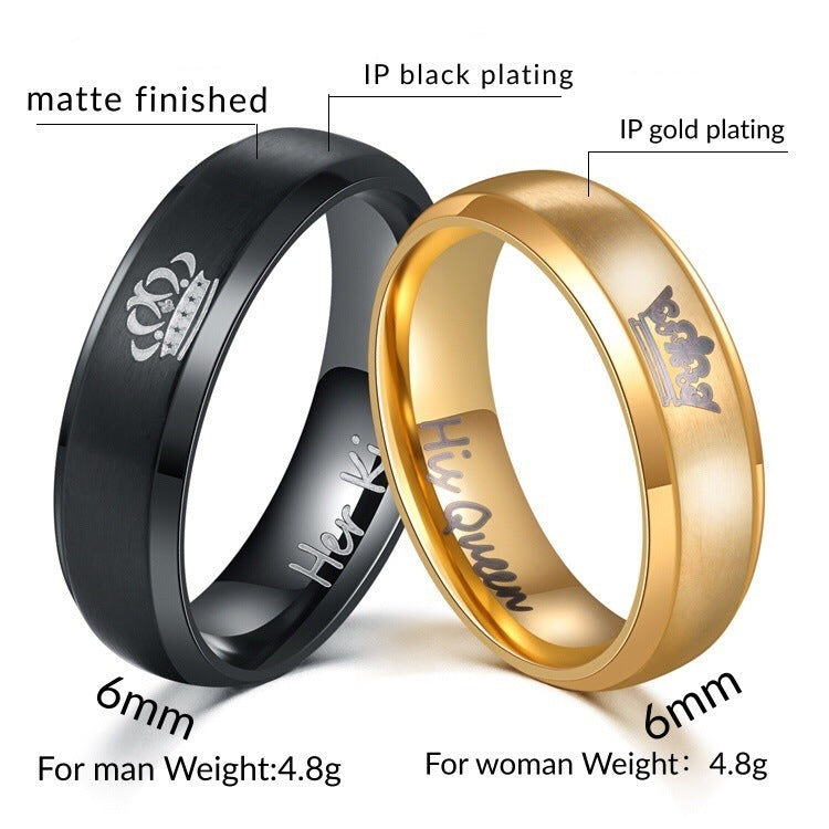 Rockyu ペアリング Her King & His Queen ステンレス製 ブラック＆ゴールド