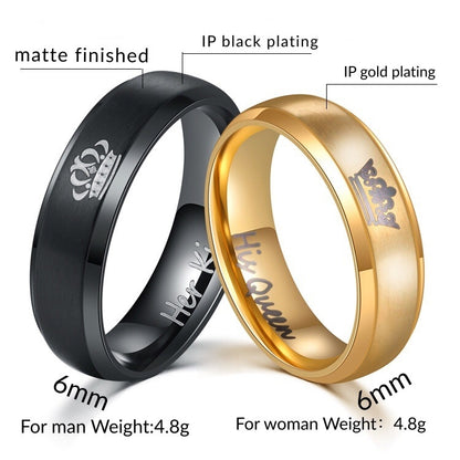 Rockyu ペアリング Her King & His Queen ステンレス製 ブラック＆ゴールド