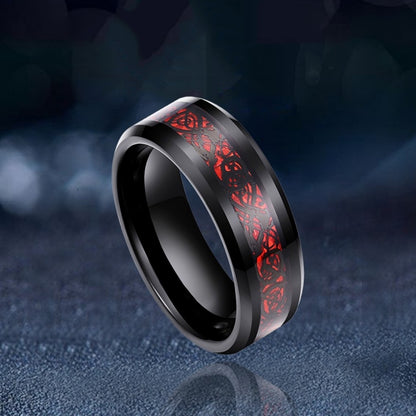 Rockyu ドラゴンモチーフ タングステンリング メンズ 8mm幅 カーボンファイバー×ブラック仕上げ