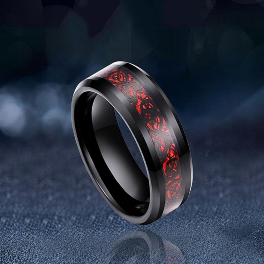 Rockyu ドラゴンモチーフ タングステンリング メンズ 8mm幅 カーボンファイバー×ブラック仕上げ