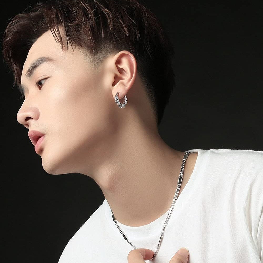 Rockyu フープピアス メンズ サージカルステンレス 龍紋デザイン 4連リング/ボール 小さめ 両耳用 金属アレルギー対応