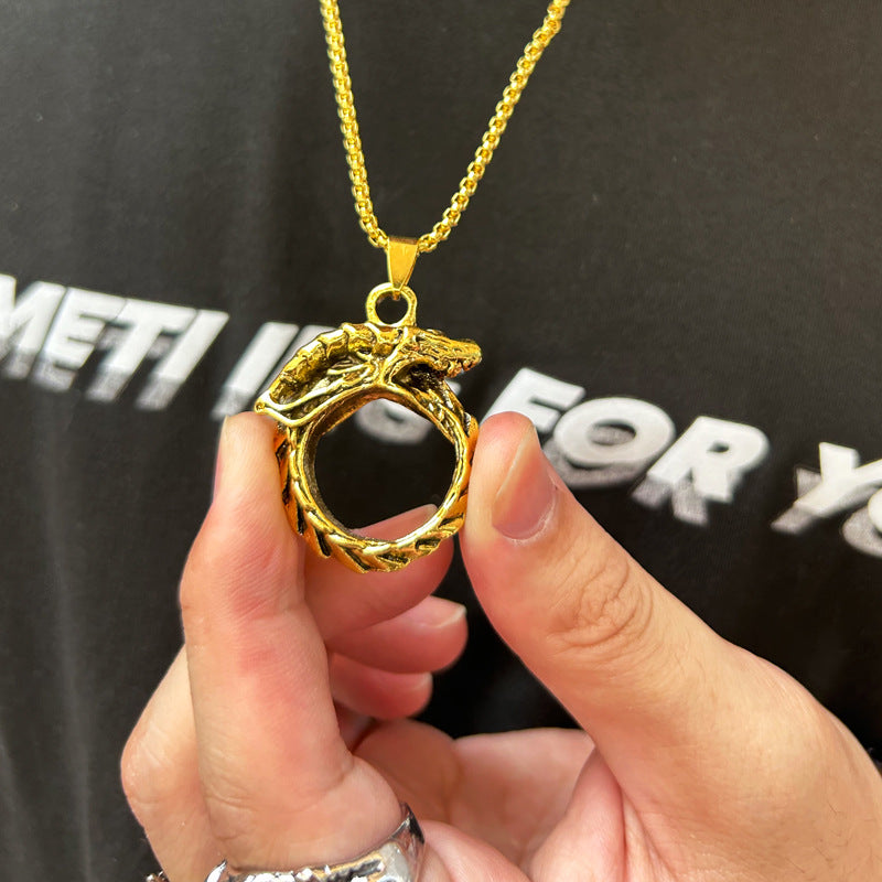 Rockyu ドラゴンネックレス メンズ オウロボロスデザイン ステンレス製 シルバー/ブラック/ゴールド