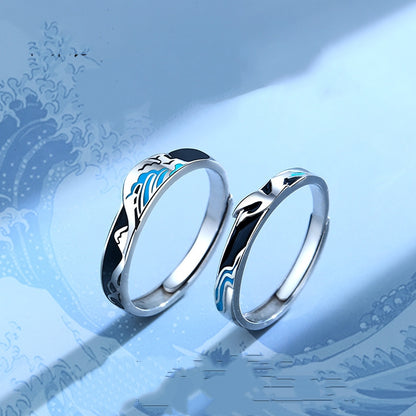 Rockyu 指輪 レディース フリーサイズ シルバー925 波・月モチーフ ブルーエナメル ペアリング風デザイン