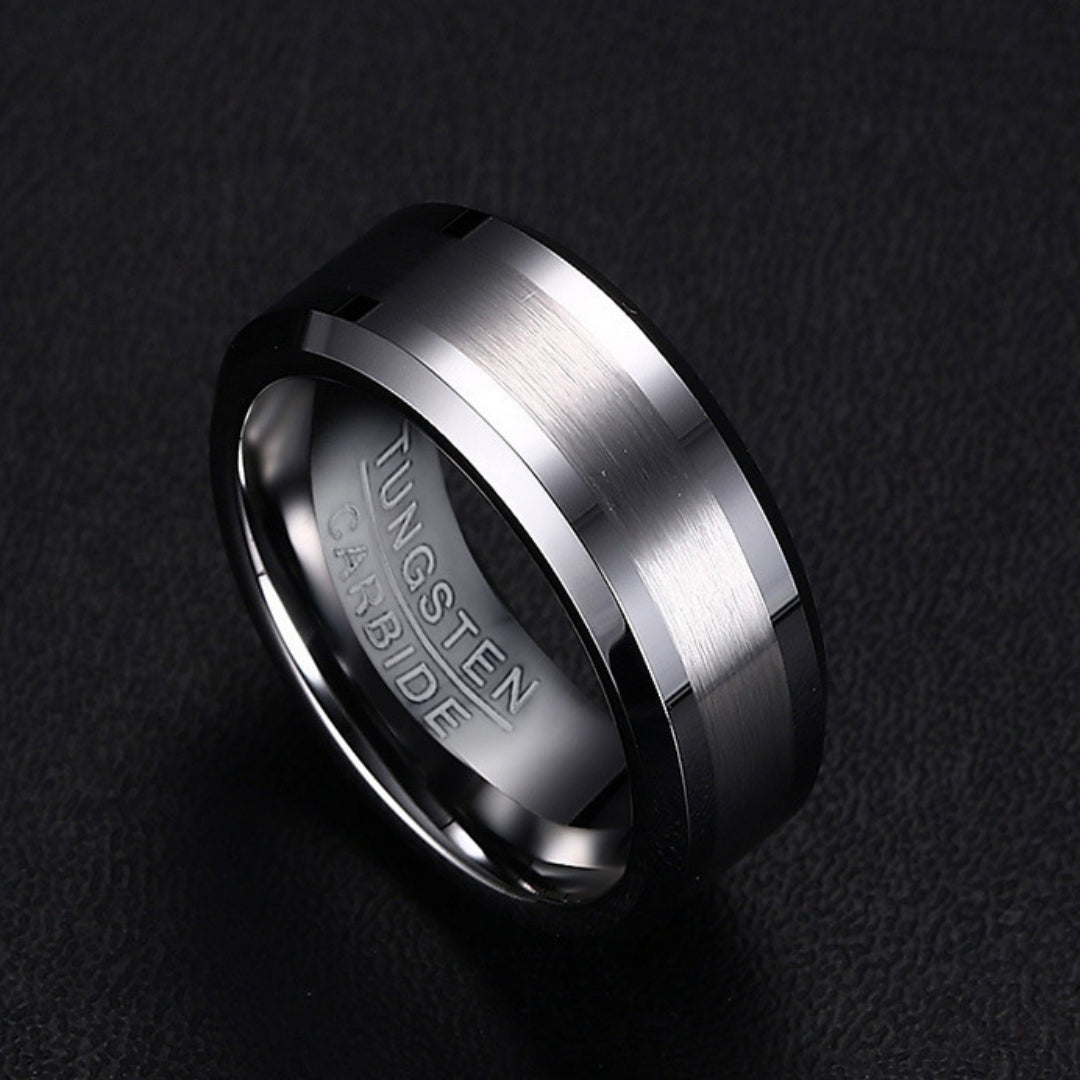 Rockyu メンズ タングステンリング 8mm 平打ち・艶消しデザイン シルバー＆ブラック