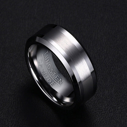 Rockyu メンズ タングステンリング 8mm 平打ち・艶消しデザイン シルバー＆ブラック