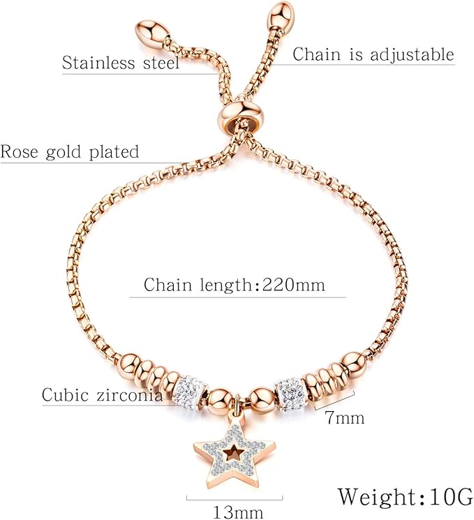 Rockyu ブレスレット レディース 星チャーム付き ジルコニア ピンクゴールド 調節可能 アクセサリー