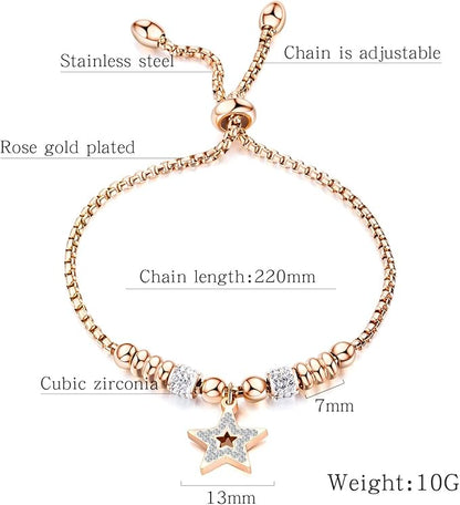 Rockyu ブレスレット レディース 星チャーム付き ジルコニア ピンクゴールド 調節可能 アクセサリー