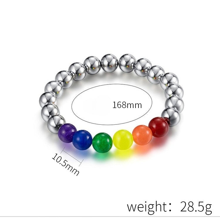 Rockyu ブレスレット メンズ ステンレス マルチカラー 虹ビーズ 金属アレルギー対応 数珠スタイル