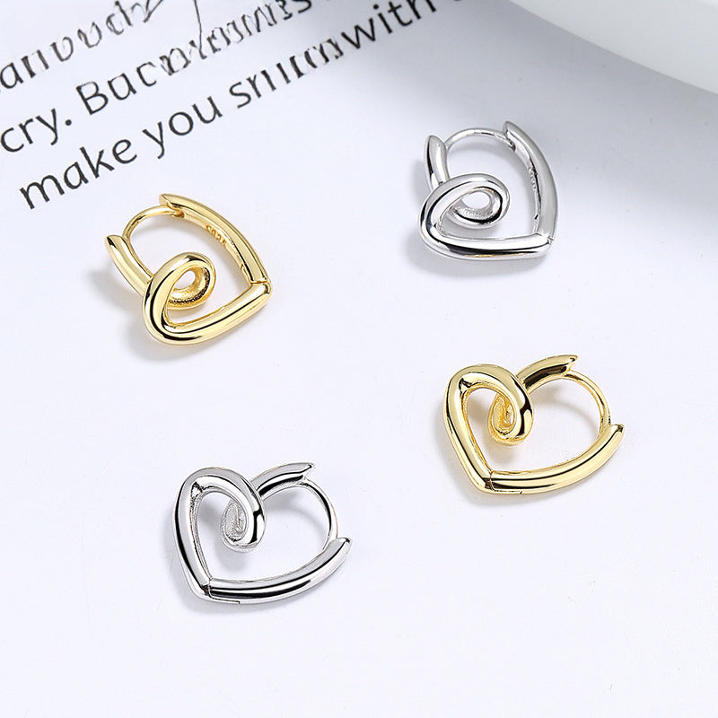Rockyu S925シルバー＆ゴールド 不規則ツイストハート フープピアス レディース