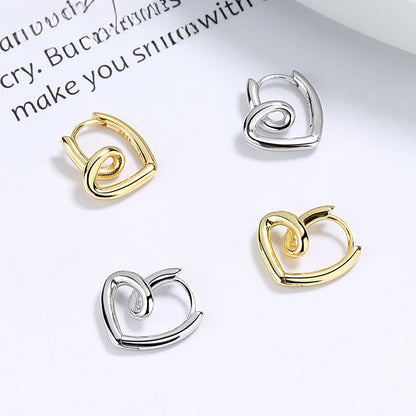 Rockyu S925シルバー＆ゴールド 不規則ツイストハート フープピアス レディース
