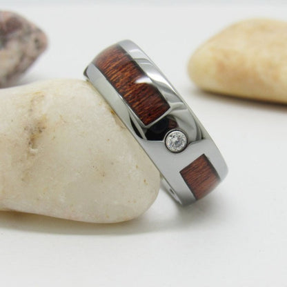Rockyu タングステンカーバイドリング メンズ 8mm 木目インレイ ジルコニア シルバー 重厚感デザイン