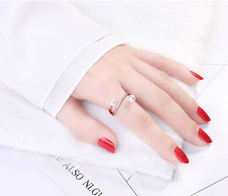 Rockyu シルバーリング 2粒パール＆ジルコニア レディース フリーサイズ指輪